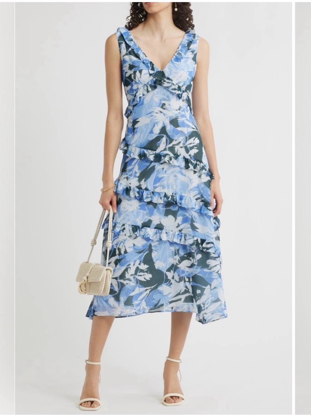 NWT Chelsea28 Blue Floral Tiered Ruffle Chiffon Midi Dress Size Small